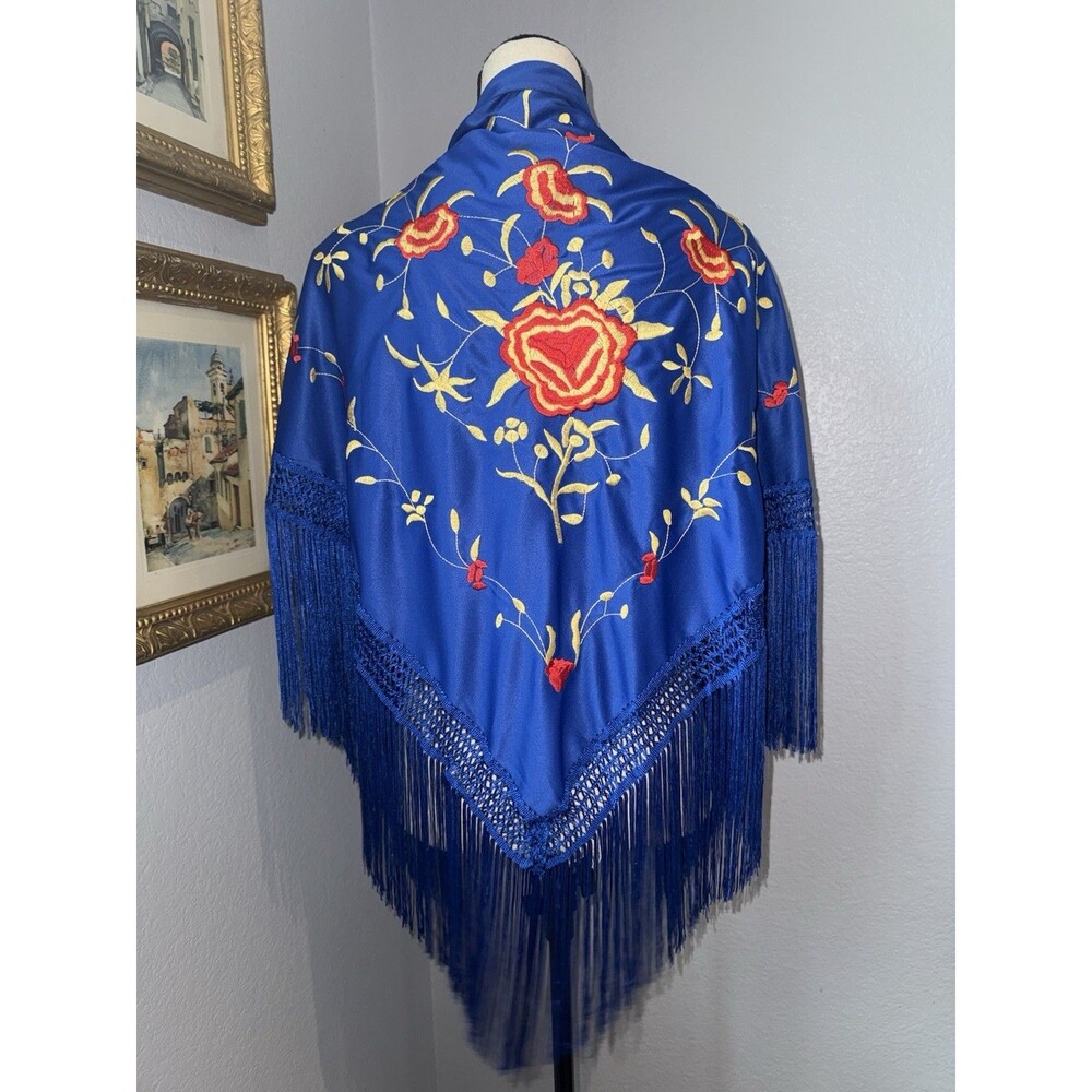 Vtg 90s mantón de Manila Spanish shawl boho Stevie nicks fringe festival Blue